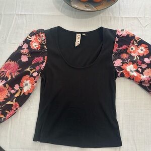 dolan Black Scoop Neck Top with Pink & Orange Floral Puff Sleeves